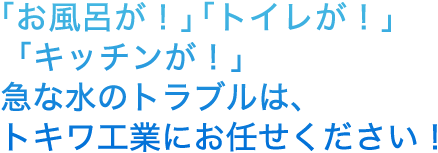 お風呂が！」「トイレが！」「キッチンが！」急な水のトラブルは、トキワ工業にお任せください！
