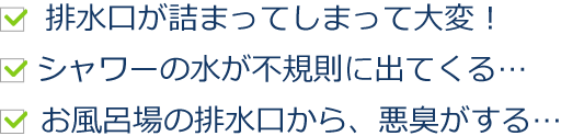 排水口が詰まってしまって大変！シャワーの水が不規則に出てくる…お風呂場の排水口から、悪臭がする…